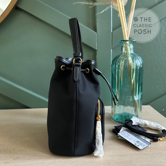 NEW Prada Jacquard Logo Bucket Black Canvas Tote Crossbody Bag - Picture 5 of 11